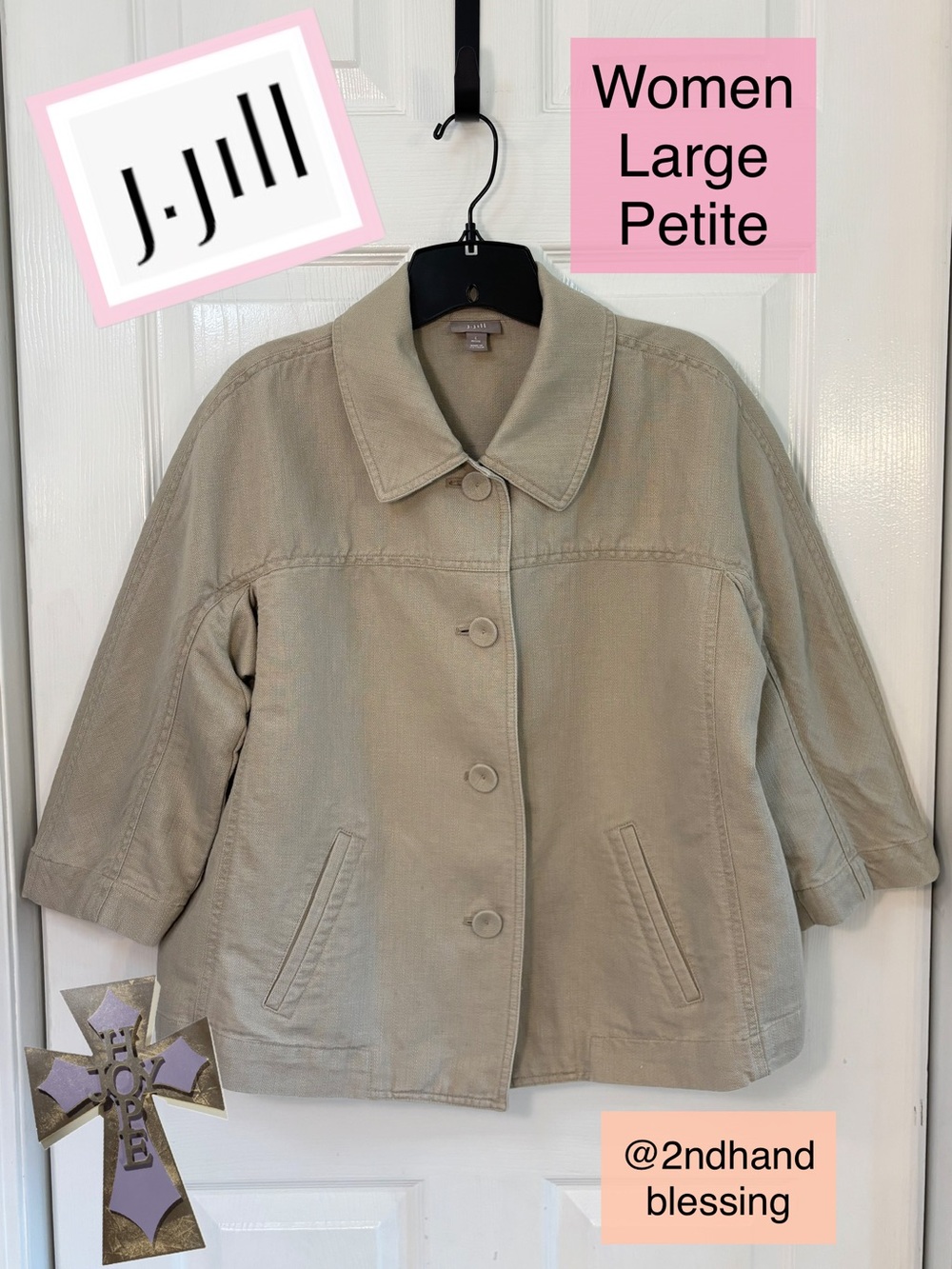J. Jill Tan Blazer Women Sz Large Petite Collar, Button Up, Pockets, 3/4 Sleeve